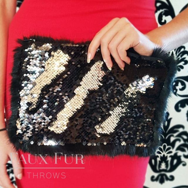 Black and Silver Faux Fur and Sequin Clutch Bag