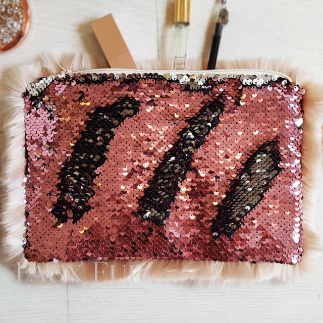 Blush and Silver Faux Fur and Sequin Clutch Bag