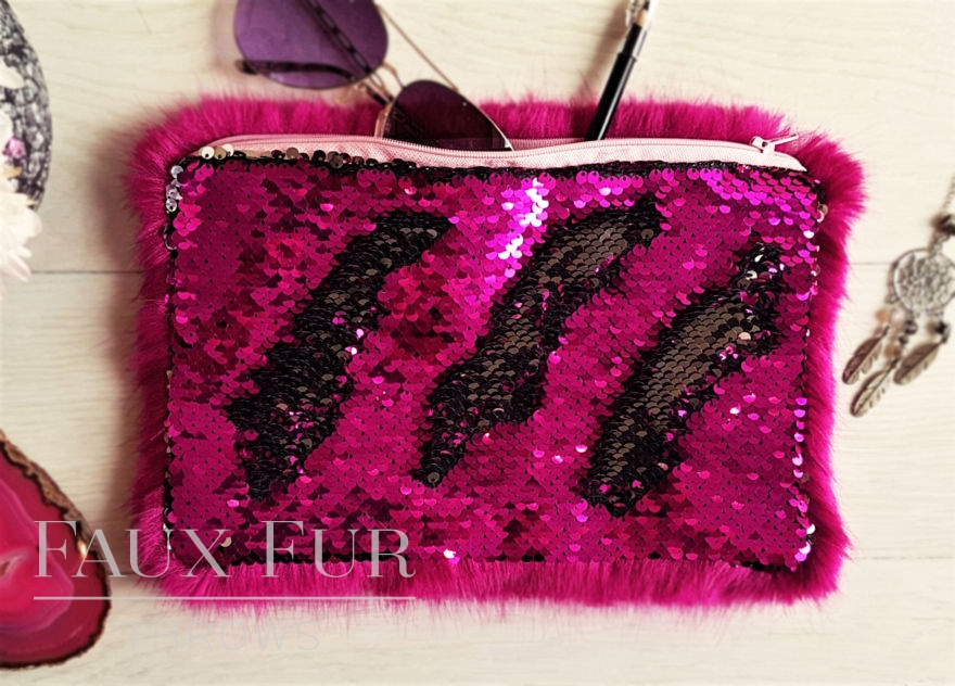 Hot Pink and Silver Faux Fur and Sequin Clutch Bag