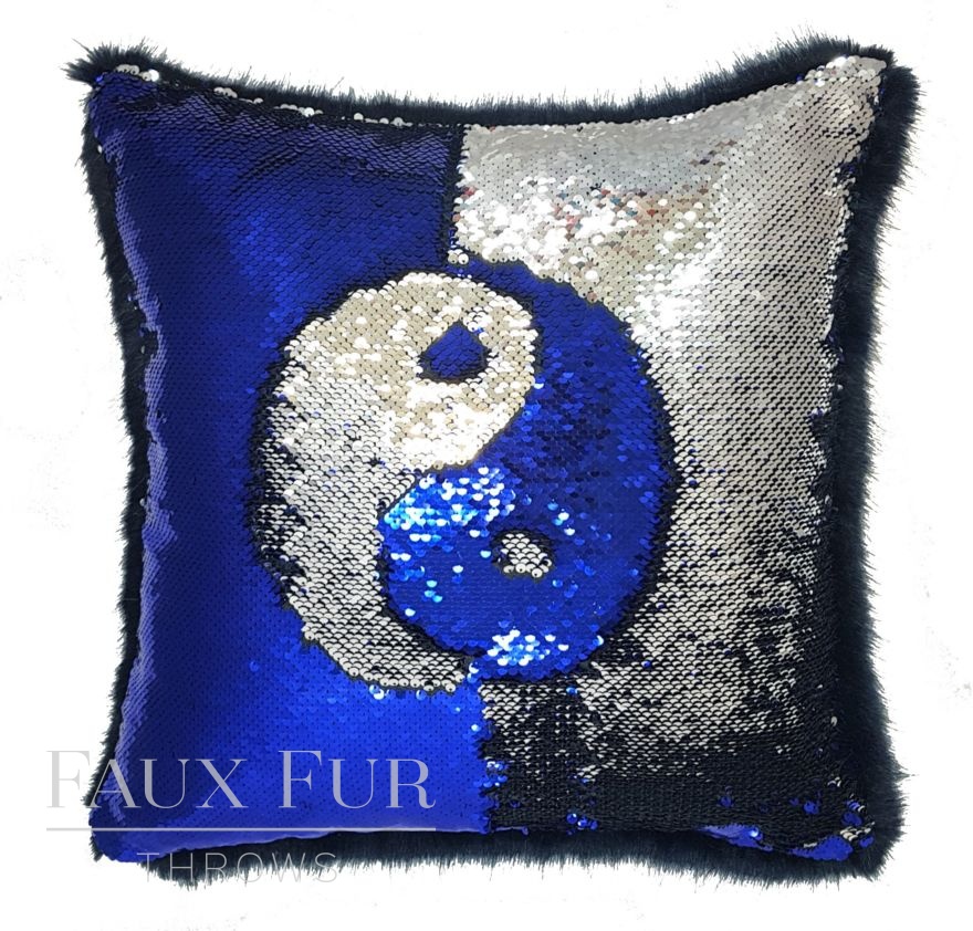 Blue and Silver Faux Fur and Sequin Cushion Yin Yang