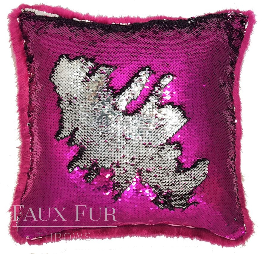 Magenta and Silver Faux Fur and Swipe Sequin Cushion