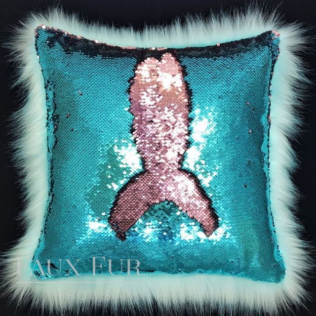 Turquoise and Pink Sequin with Faux Fur Cushion