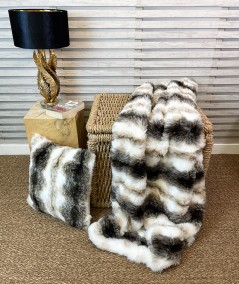 White and brown striped economy fur throw and cushion