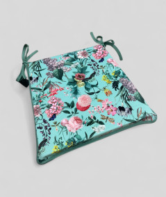 Luxury tapered chair pads in a soft aqua velvet with a summer floral print