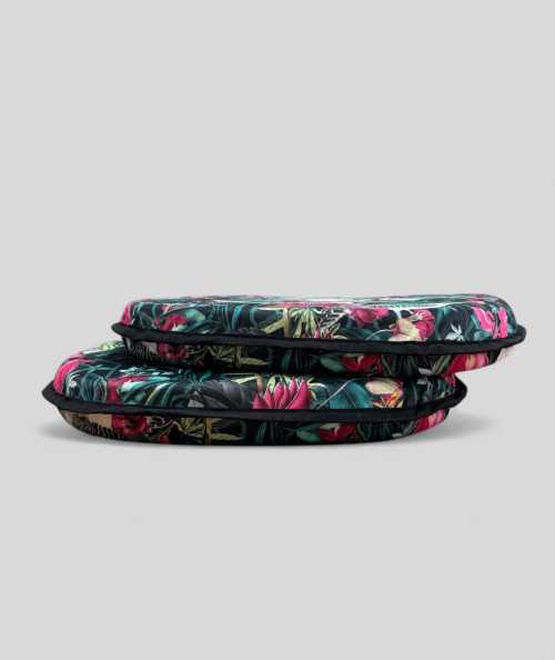 Classic D shaped tropical, multicoloured printed velvet seat cushions
