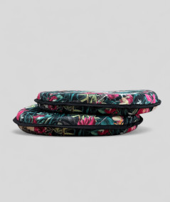 Classic D shaped tropical, multicoloured printed velvet seat cushions