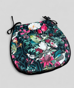 Classic D shaped tropical, multicoloured printed velvet seat pads on a black background