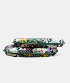 Classic D shaped floral, multicoloured printed velvet seat cushions