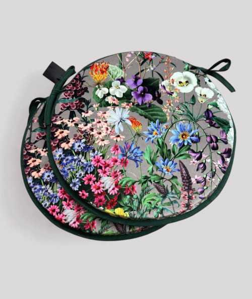 Luxury round taupe coloured velvet bistro chair pads with a multicoloured floral print