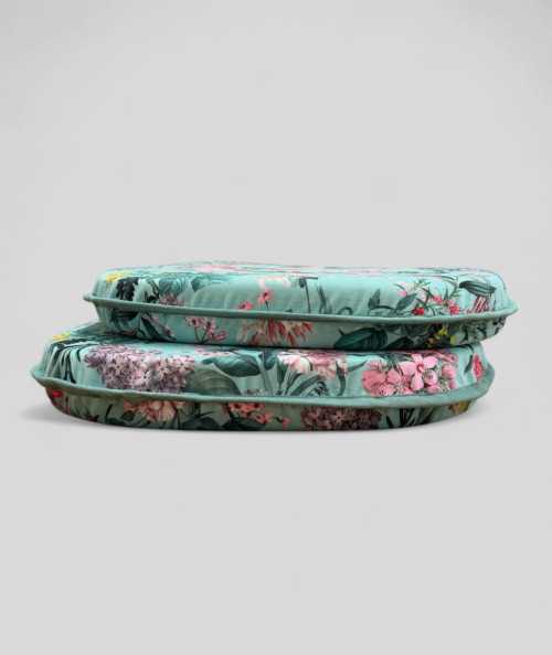 Luxury printed velvet D shaped seat pads in aqua with a pink and green floral print