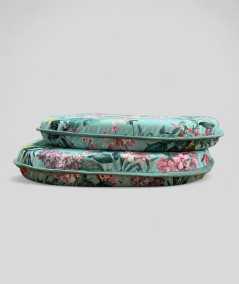 Luxury printed velvet D shaped seat pads in aqua with a pink and green floral print