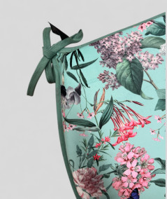 Luxury printed velvet D shaped chair pads in aqua with a pink and green floral print