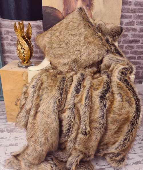 Luxury long-haired beige and brown faux fur throw