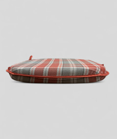 Spindle shaped chair cushions in rust red and light grey