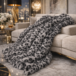 Grey Leopard Faux Fur Throw | Large Fur Throw | Animal Bed Throw
