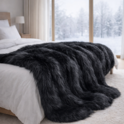Black Angus Faux Fur Throw | Large Black Faux Fur Bedspread and Blankets