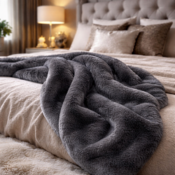 Couverture en fausse fourrure Richmond Graphite | Grande couverture en fausse fourrure | Couvre-lit gris