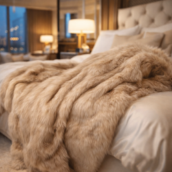 Camel Faux Fur Throw | Beige Faux Fur Bedspread | Long Haired Fur Throw