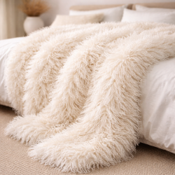 Luxury Mongolian Faux Fur Throw | Large Cream Curly Faux Fur Blanket |