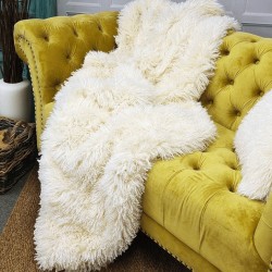 Luxury Mongolian Faux Fur Throw | Large Cream Curly Faux Fur Blanket |