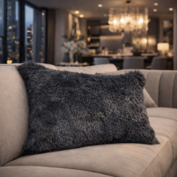 Chessington Grey Rectangular Fur Cushion | Rectangular Grey Faux Fur Cushions