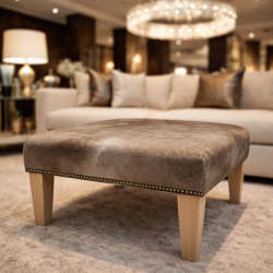 Medium Square Cowhide Footstool | Mottled Beige Square Foot Stool