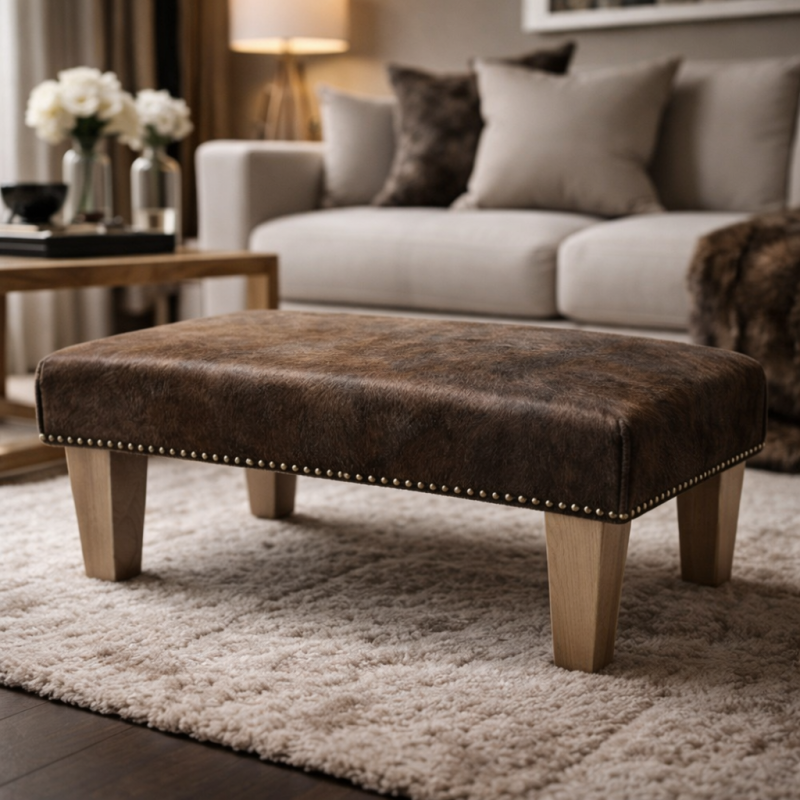 Small Brown Brindle Cowhide Footstool | Small Cow Hide Foot Stool