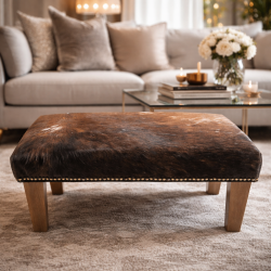 Small Brown Speckled Cowhide Footstool | Small Brindle Hide Footstool
