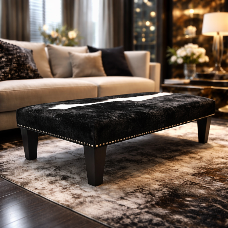 Extra Large Black & White Footstool | Rectangular Cow Hide Foot Stool