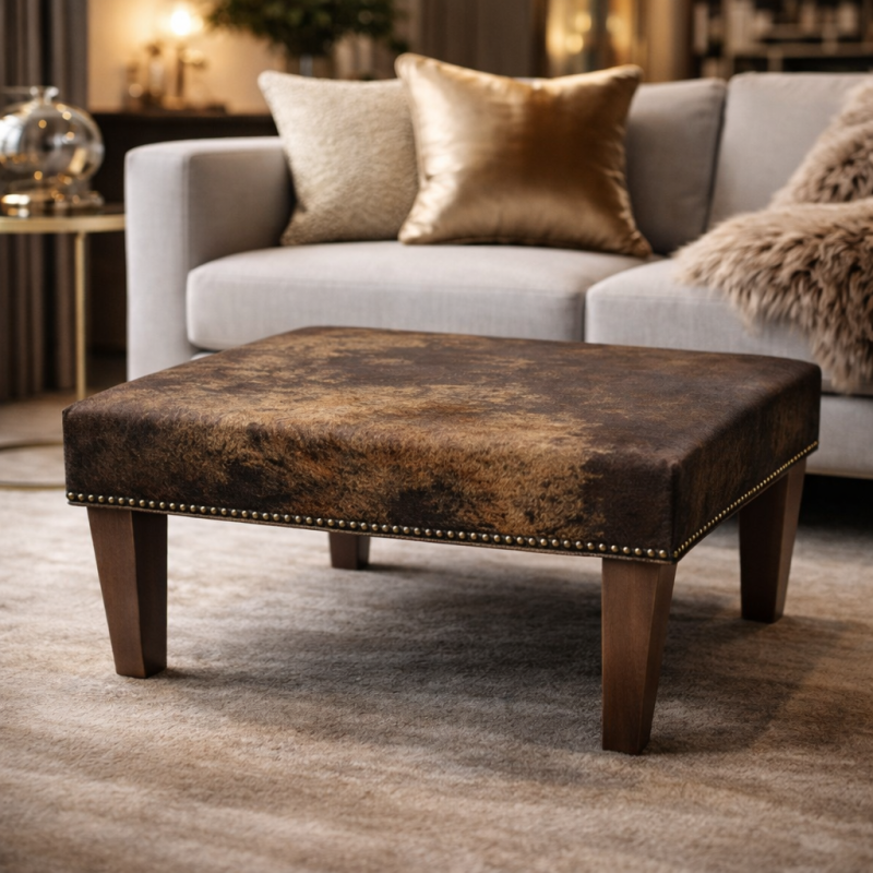 Medium Sized Cowhide Footstool | Brown Leather Hide Square Foot Stool