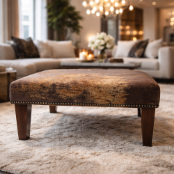 Mittelgroßer Kuhfell-Fußhocker | Brauner Lederfell quadratischer Fußhocker