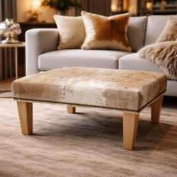 Grand repose-pieds en cuir de vachette bringé beige/crème | Pouf en véritable cuir de vachette