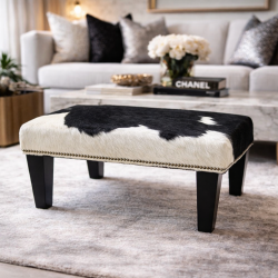 Small Black and White Cowhide Footstool | Small Cow Hide Foot Stool