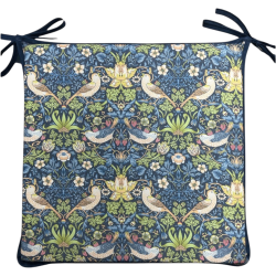 Quadratisches Sitzkissen Strawberry Thief Navy | Rote quadratische Sitzkissen mit Bändern