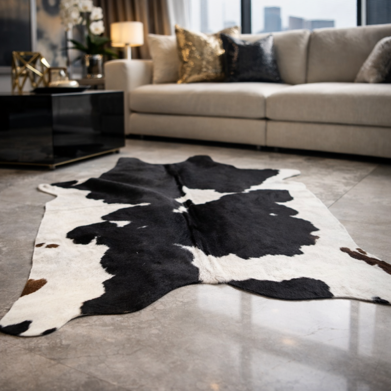 Extra Large Black & off- White Cowhide Rug | X/Large Hair on Hide Rug