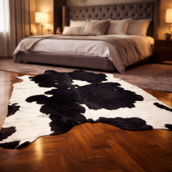 Tapis extra large en peau de vache noire et blanc cassé | Tapis en peau à poils très large