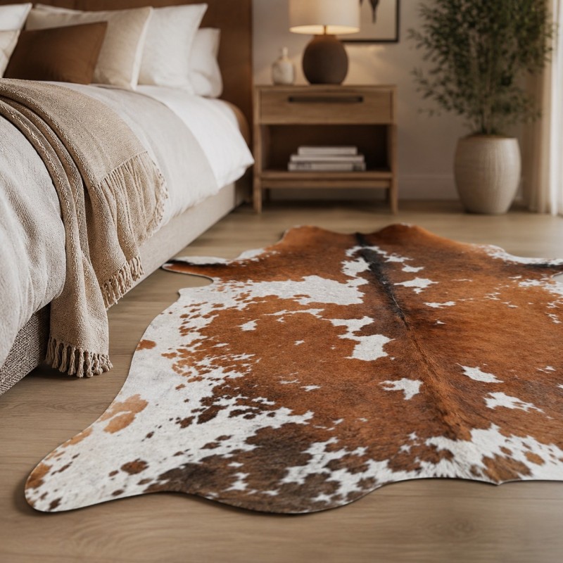 Large Tan & White Cowhide Rug | Tan & White Cowskin | Tan Hair on Hide