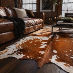 Large Tan & White Cowhide Rug | Tan & White Cowskin | Tan Hair on Hide