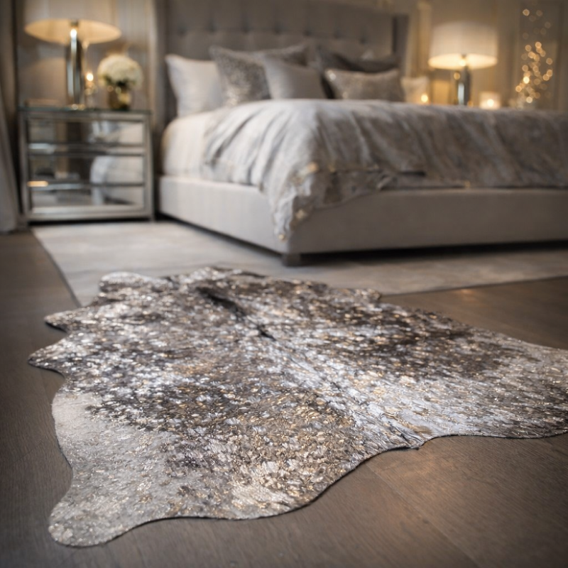 Grey & Silver Holographic Cowhide | Grey & Silver Metallic Cowskin Rug