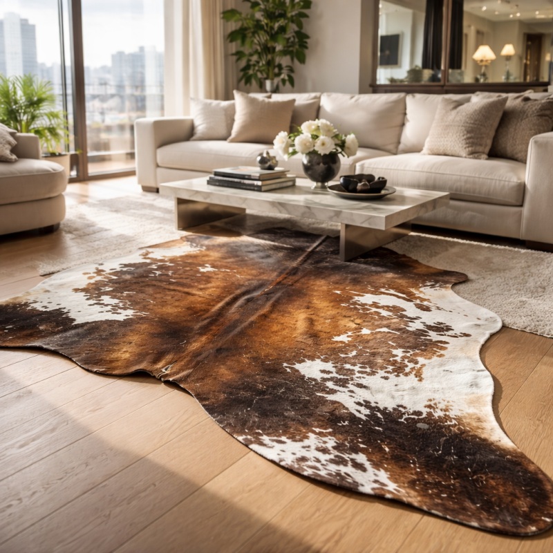 Grande peau de vache naturelle | Tapis en peau de vache marron et blanche | Poils bruns sur la peau