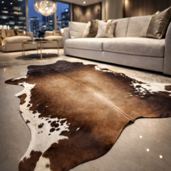 Grande peau de vache naturelle | Tapis en peau de vache marron et blanche | Poils bruns sur la peau