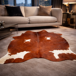 Grande peau de vache marron châtaigne et blanche | Tapis en peau de vache rouge, marron et blanche |