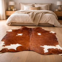 Grande peau de vache marron châtaigne et blanche | Tapis en peau de vache rouge, marron et blanche |