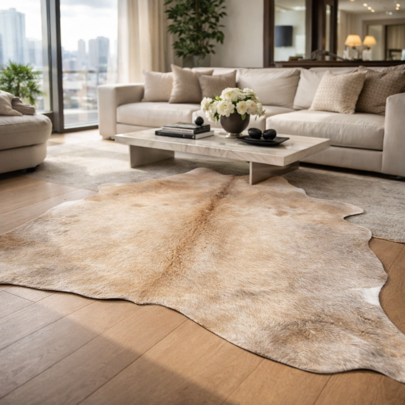 Grand tapis en peau de vache marron/beige | Peau de vache marron clair | Poils longs