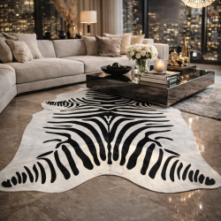 Tapis en peau de vache à motif zèbre grand format | Grand tapis en peau de vache zébrée noire et blanche