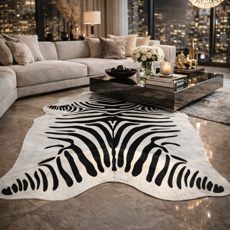 Tapis en peau de vache à motif zèbre grand format | Grand tapis en peau de vache zébrée noire et blanche