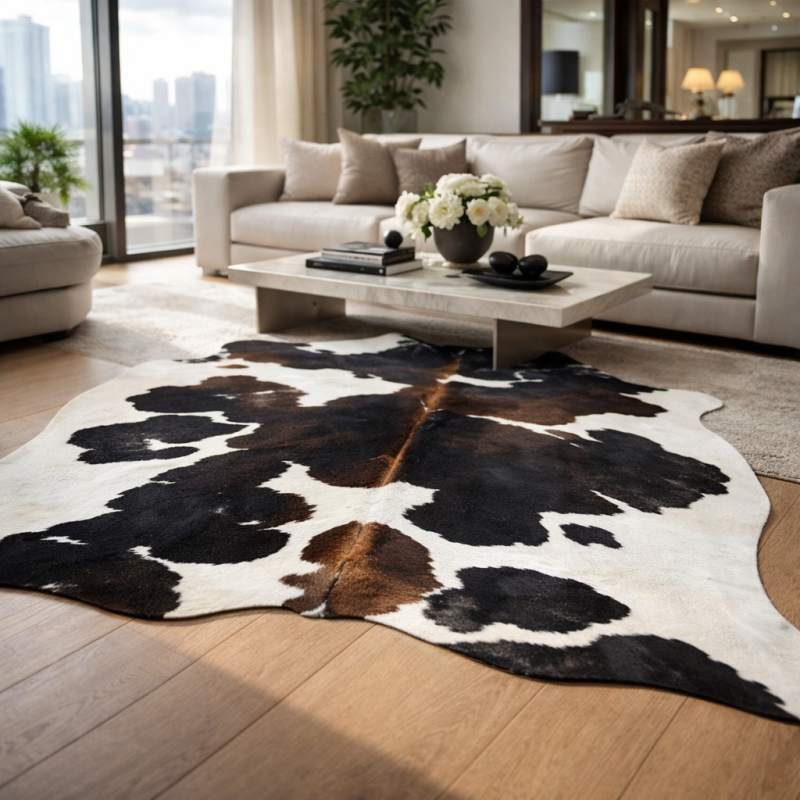 Tapis en peau de vache marron foncé et blanc | Tapis gain de place en peau de vache marron et blanc