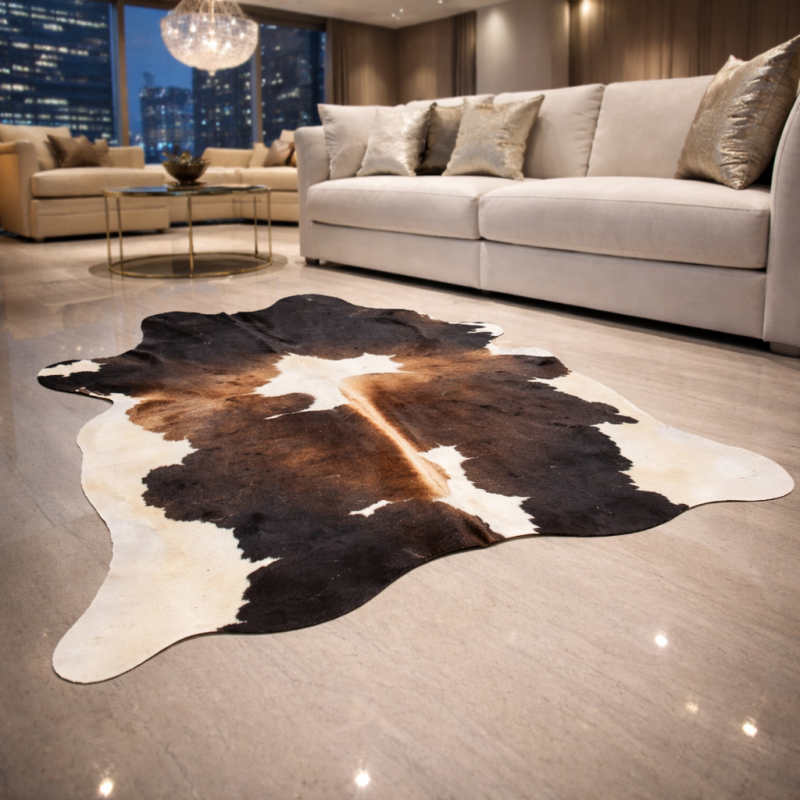 Tapis en peau de vache marron et blanche | Grande peau de vache marron et blanche | Grandes peaux de vache