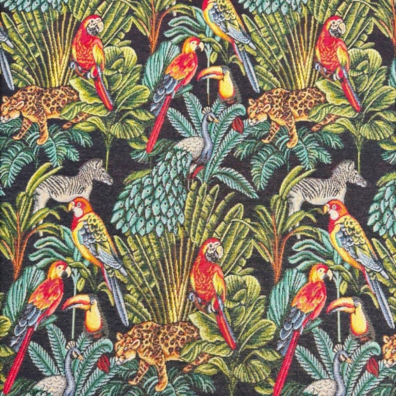 Tissu tapisserie noir forêt tropicale | Tissu imprimé tropical | Tissu pour loisirs créatifs