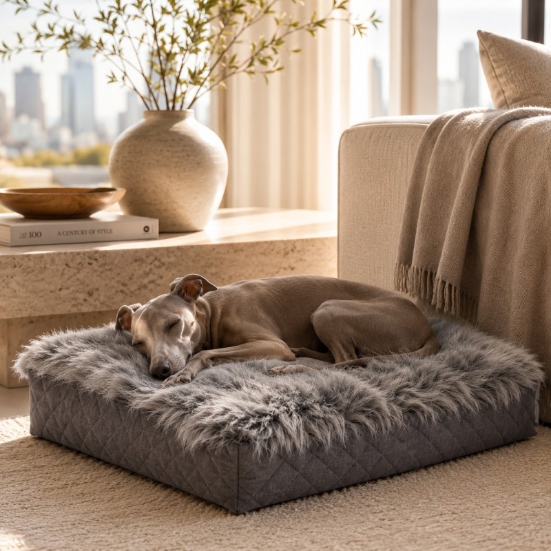 Grande Letto Ortopedico per Cani in Vera Pelle di Pecora. Letto per Cani in Schiuma Memory Grigio